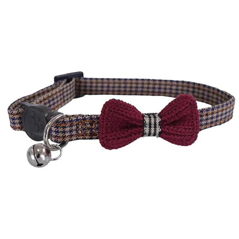 Designer Burgundy Bow Dogtooth Cat Collar