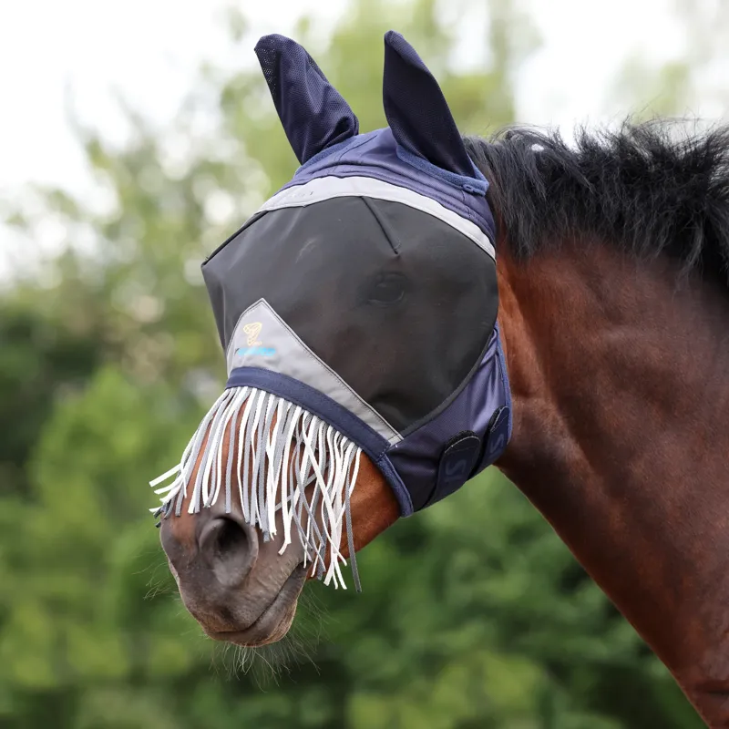 Shires FlyGuard Pro Fine Mesh Fly Mask with Ears and Nose Fringe Navy