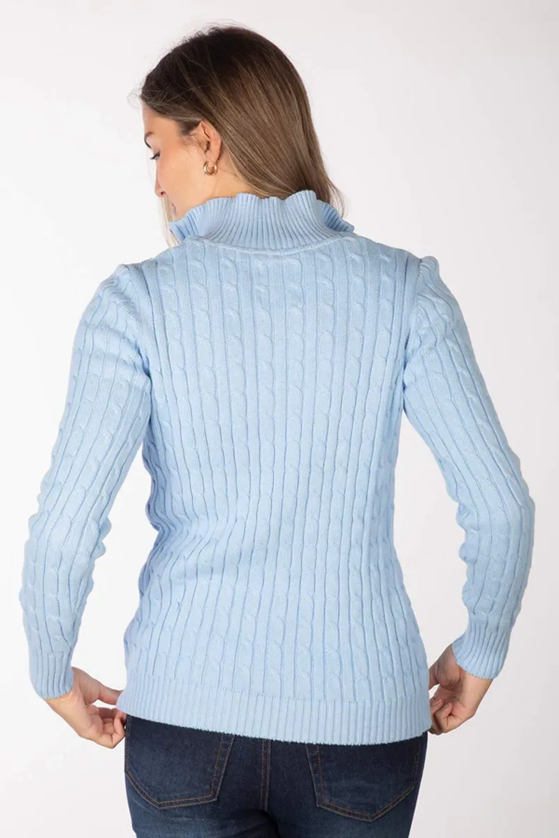Rydale Ladies Emma Quarter Zip Cable Knit Jumper Soft Blue-2
