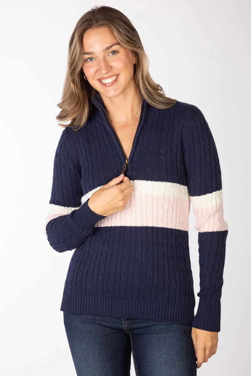 Rydale Ladies Bramham Striped Quarter Zip Jumper Navy-1