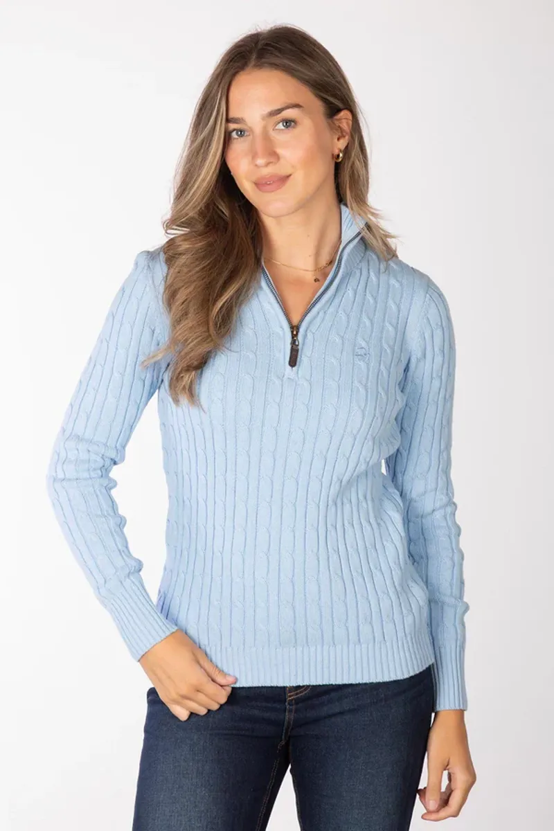 Rydale Ladies Emma Quarter Zip Cable Knit Jumper Soft Blue-1
