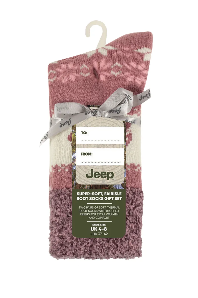 Jeep Ladies JLS185 Fairisle Thermal Soft Top Boot Gift Socks Rose/Cream - 2 Pack