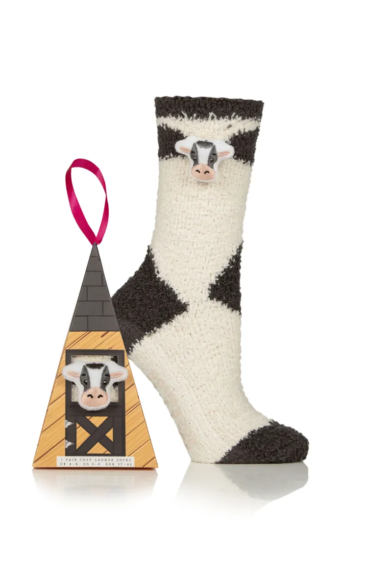 Wildfeet Ladies Fluffy Lounge Socks Hanging Gift Box - Cow