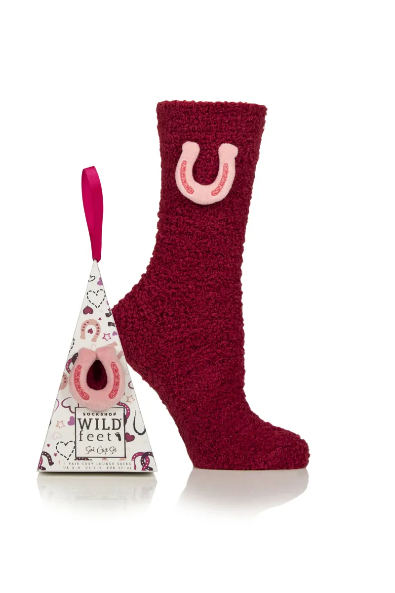 Wildfeet Ladies Fluffy Lounge Socks Hanging Gift Box - Horseshoe