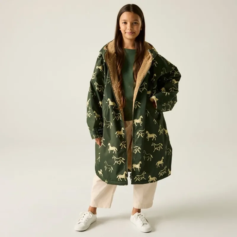 Regatta Kids Waterproof Changing Robe Dark Khaki Horses-1