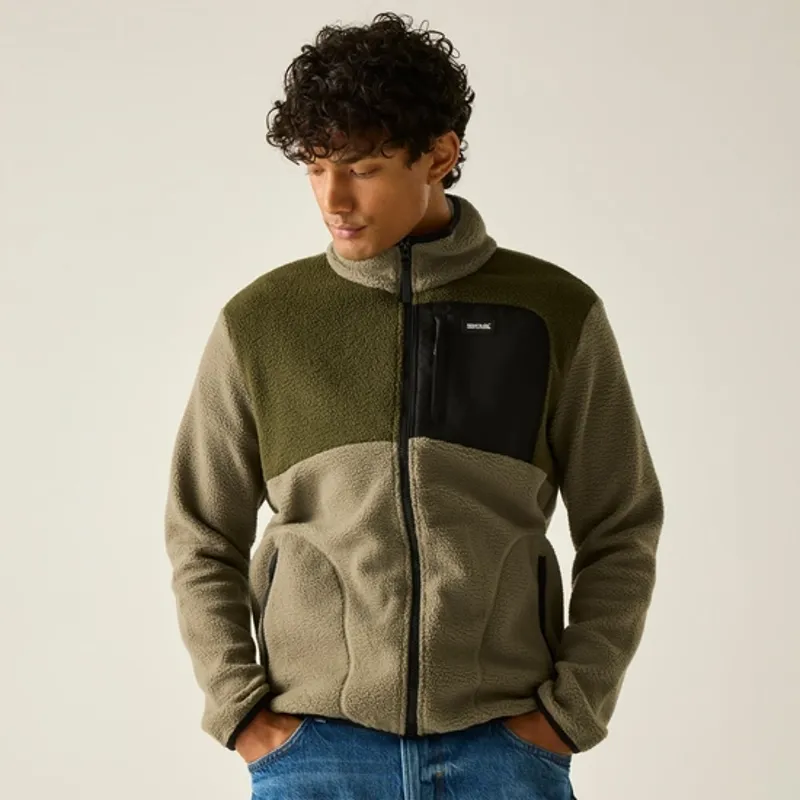 Regatta Mens Frankie Borg Colour Block Full Zip Fleece Smokey Olive/Dark Khaki-1