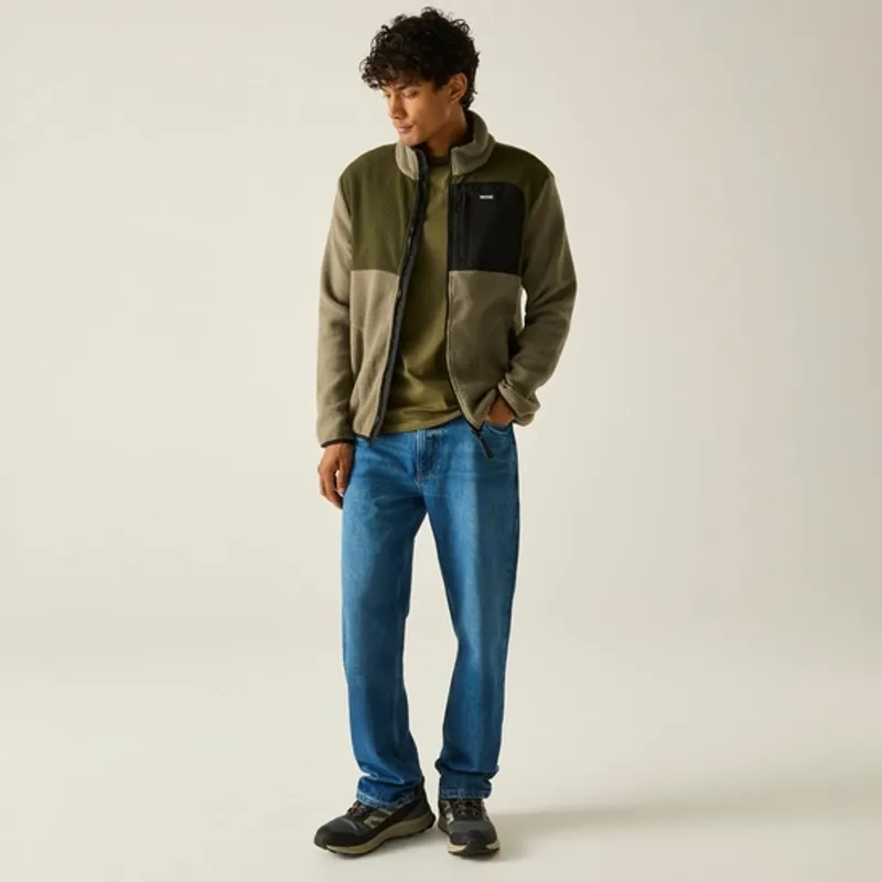Regatta Mens Frankie Borg Colour Block Full Zip Fleece Smokey Olive/Dark Khaki-3